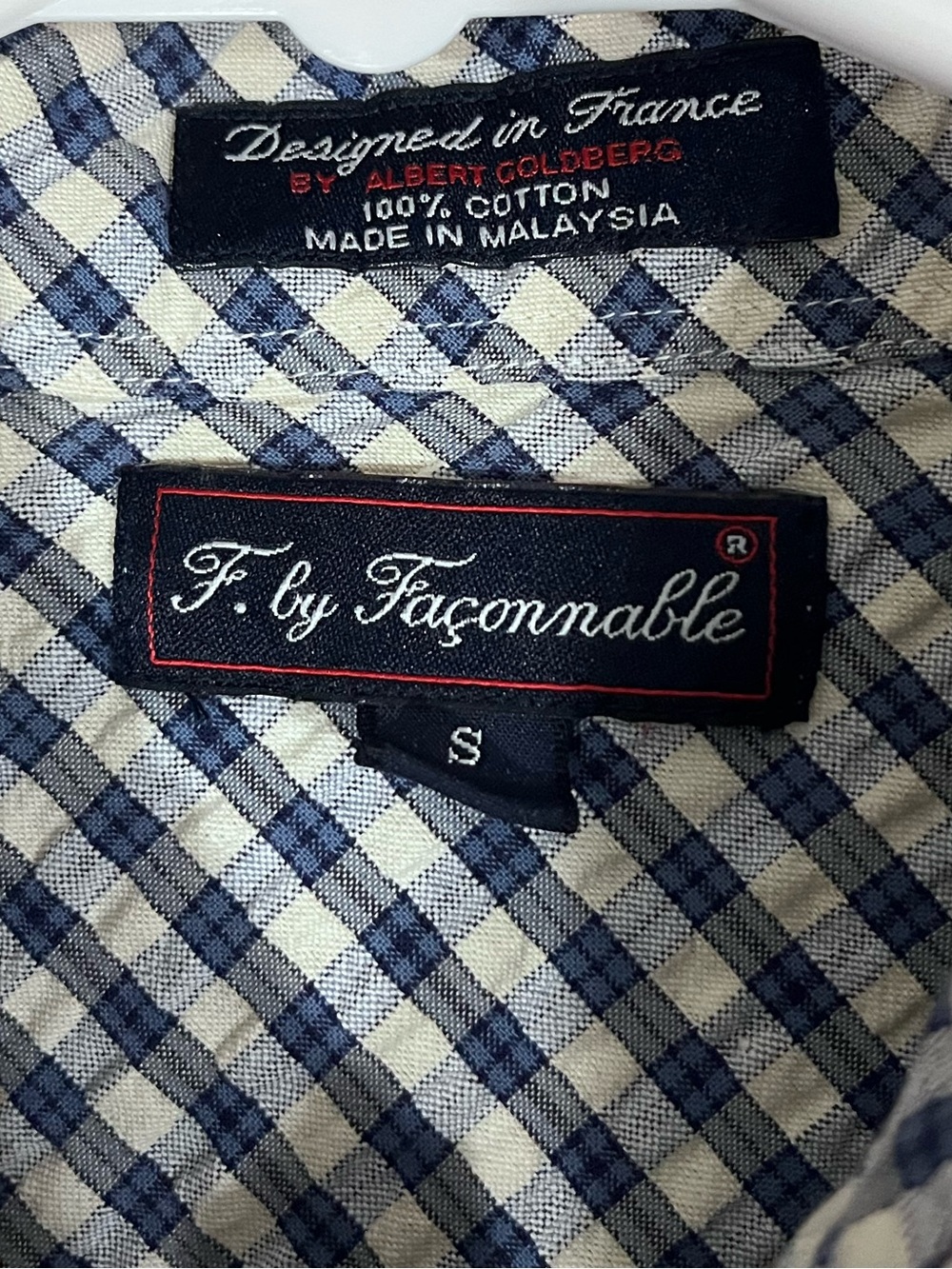 VTG Faconnable Size Small Blue & White Seersucker Plaid Button Up Collared Top - Picture 10 of 11